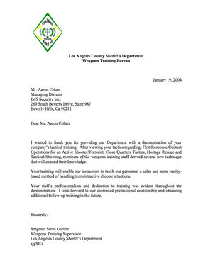 LA County Sheriff's Weapons Training Supervisor Letter Of Recommendation