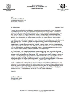 Michigan State Police SWAT Letter Of Recommendation